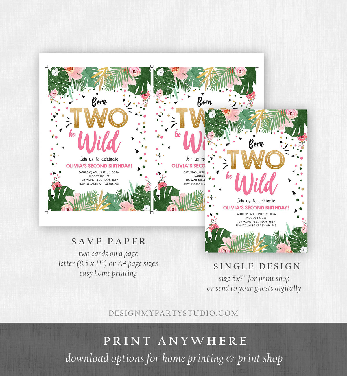 Editable Born Two be Wild Birthday Invitation Girl Tropical Safari Pink Gold Second Birthday 2nd Digital Download Template Printable 0332