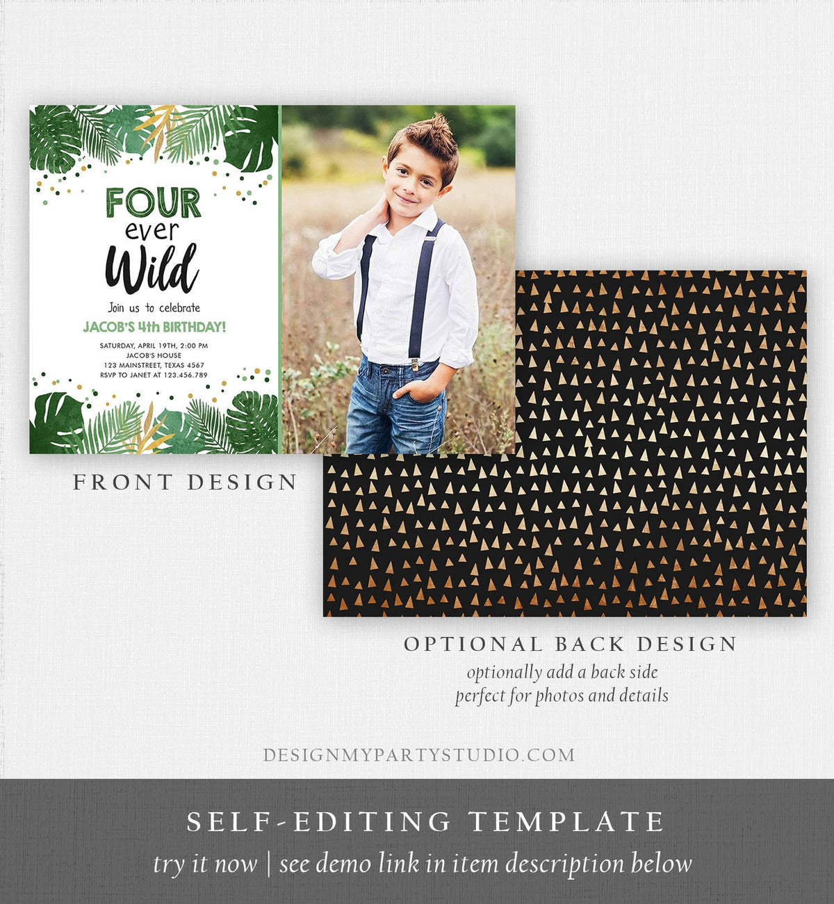 Editable Fourever Wild Birthday Invitation Tropical Safari Zoo Jungle Party Gold Boy Fourth Birthday 4th Digital Template Printable 0332