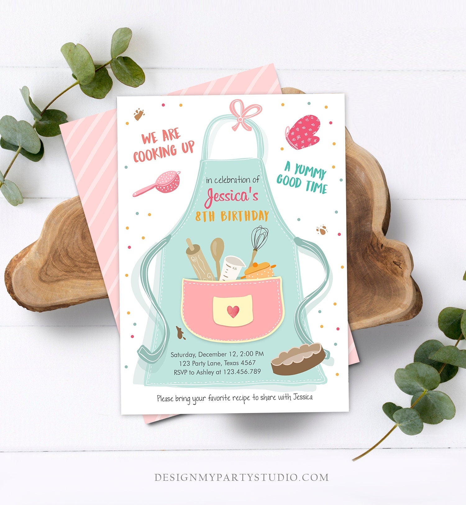 Editable Kids Kitchen Cooking Birthday Invitation Pink Girl Chef Baking Party Cakes Pies Cupcakes Download Printable Corjl Template 0219