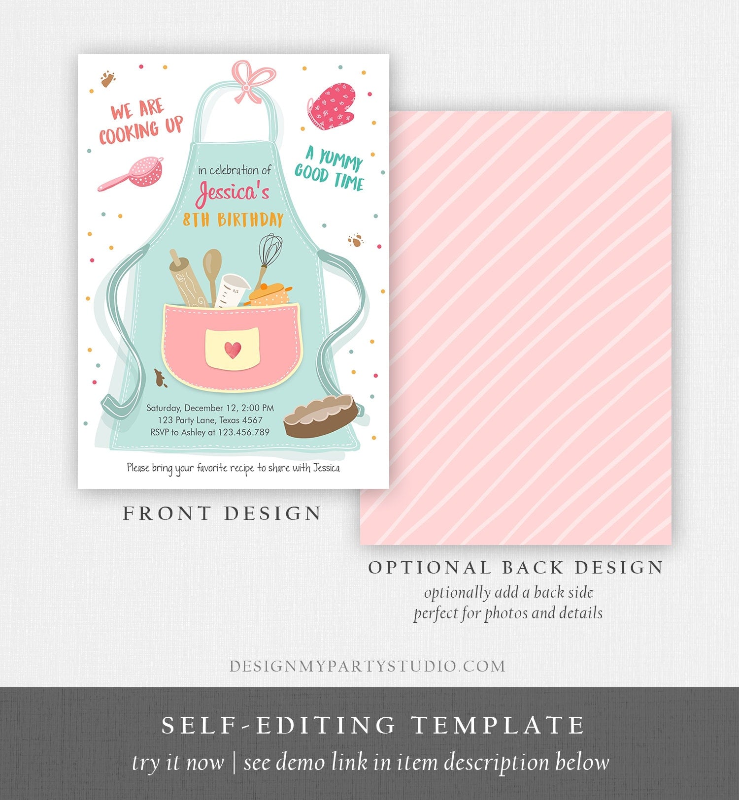 Editable Kids Kitchen Cooking Birthday Invitation Pink Girl Chef Baking Party Cakes Pies Cupcakes Download Printable Corjl Template 0219