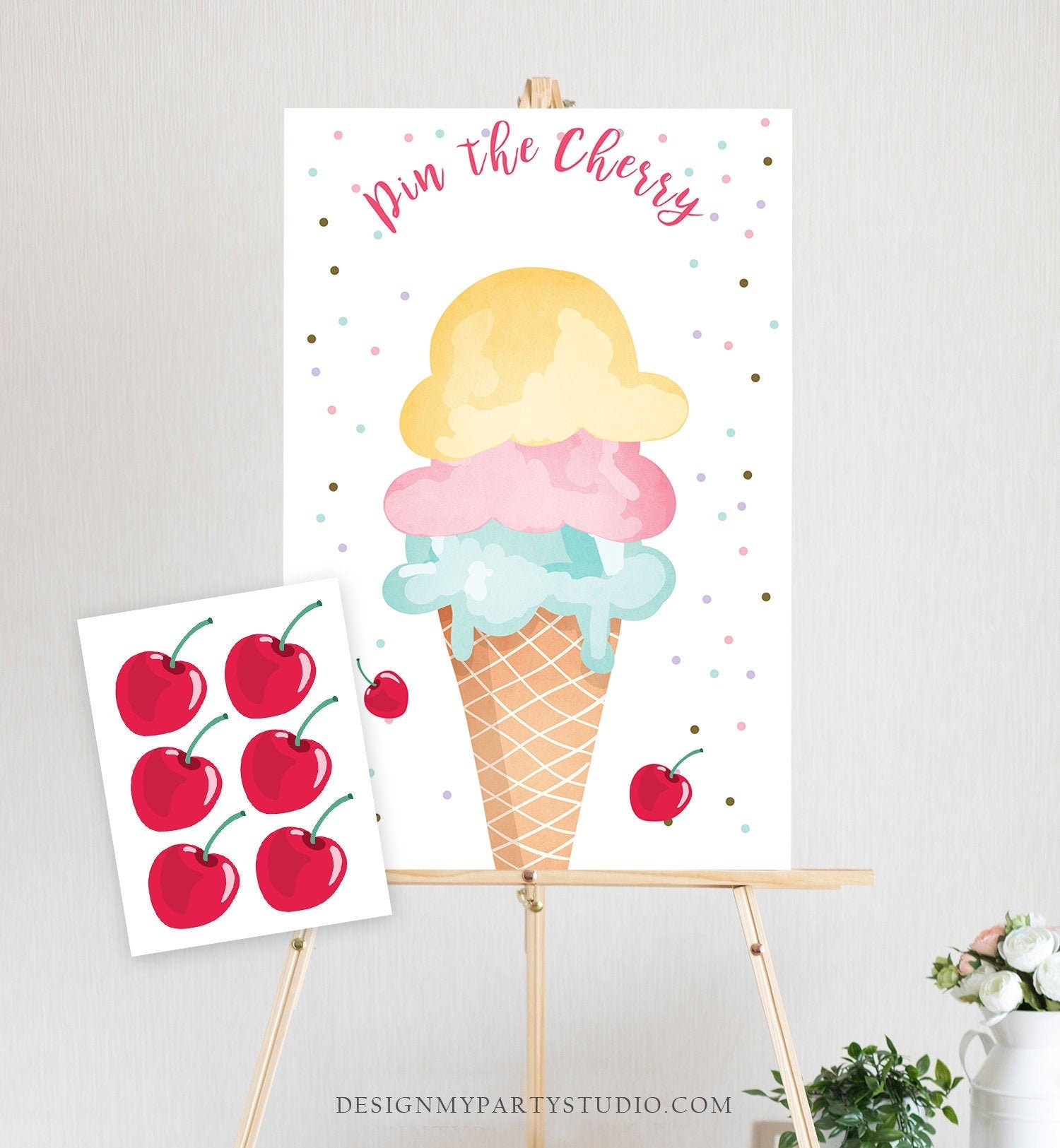 Editable Pin the Cherry on The Ice Cream Game Ice Cream Birthday Game Summer Cone Decor Instant Download Printable Digital Corjl 0243