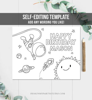 Editable Coloring Page Outer Space Birthday Party Activity Game Astronaut Birthday Space Rocket Party Instant Download PRINTABLE Corjl 0046