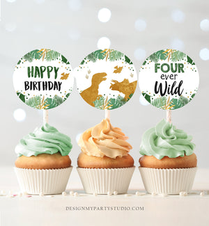 Fourever Wild Cupcake Toppers Dinosaur Favor Tags Dino Fourth Birthday Party 4th Decor T-Rex Boy Stickers Green Gold Download Printable 0146