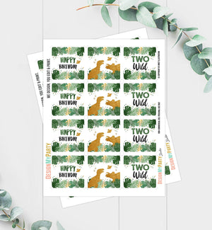 Two Wild Cupcake Toppers Dinosaur Favor Tags Dino Second Birthday Party 2nd Decor T-Rex Boy Stickers Green Gold Download Printable 0146