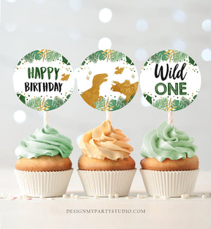 Wild One Cupcake Toppers Dinosaur Favor Tags Dino First Birthday Party 1st Decor T-Rex Boy Stickers Green Gold Download Printable 0146