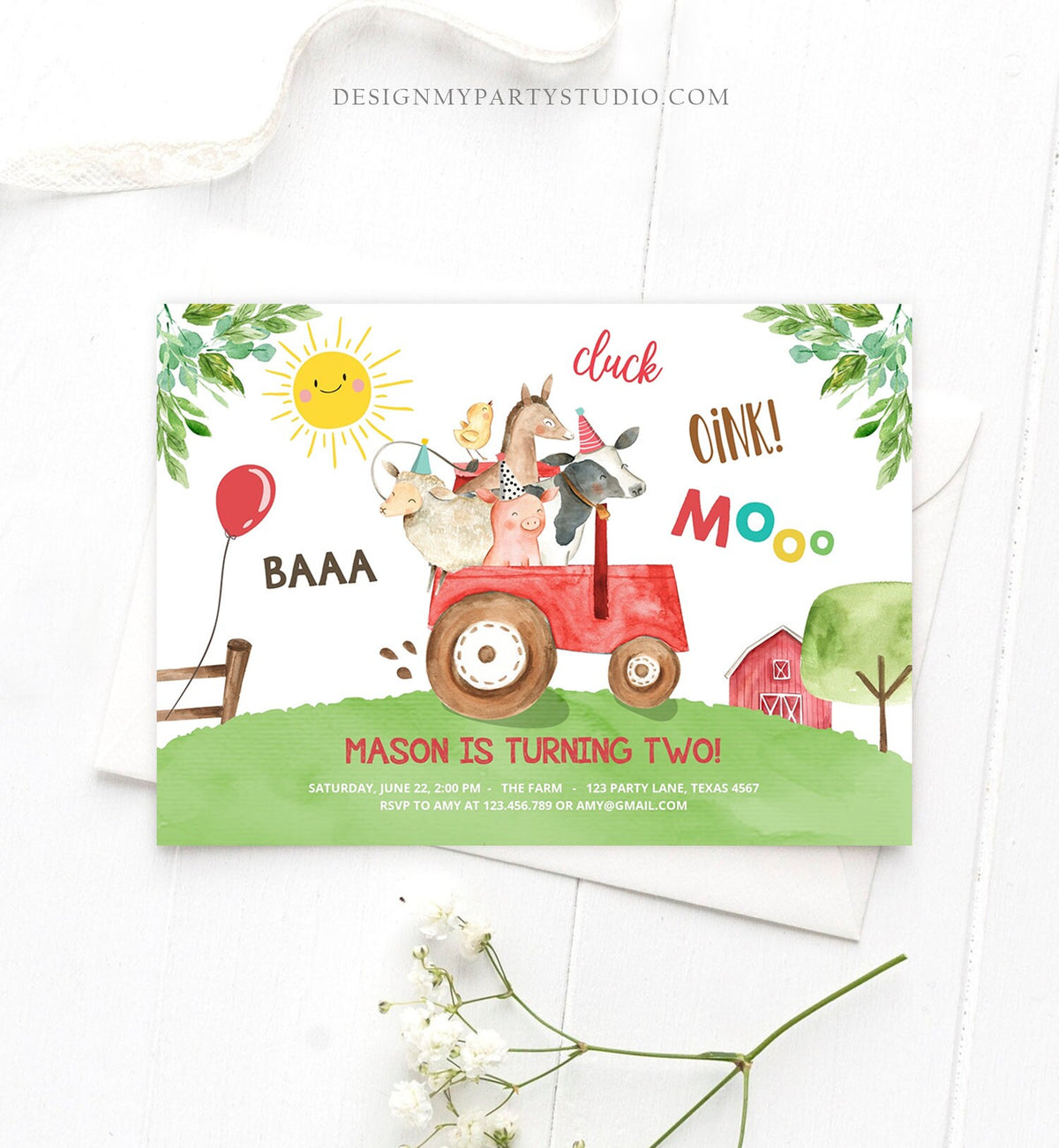 Editable Farm Birthday Invitation Boy Farm Animals Red Tractor Leaves Barnyard Party Cow Pig Download Printable Template Digital Corjl 0155