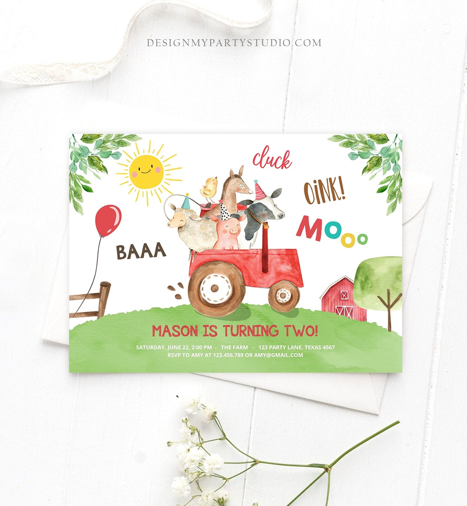 Editable Farm Birthday Invitation Boy Farm Animals Red Tractor Leaves Barnyard Party Cow Pig Download Printable Template Digital Corjl 0155