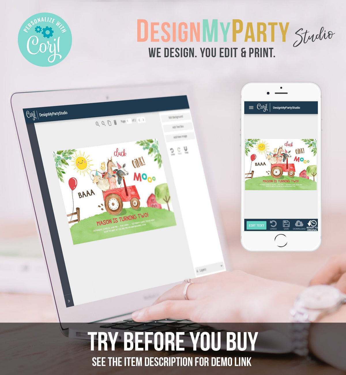 Editable Farm Birthday Invitation Boy Farm Animals Red Tractor Leaves Barnyard Party Cow Pig Download Printable Template Digital Corjl 0155