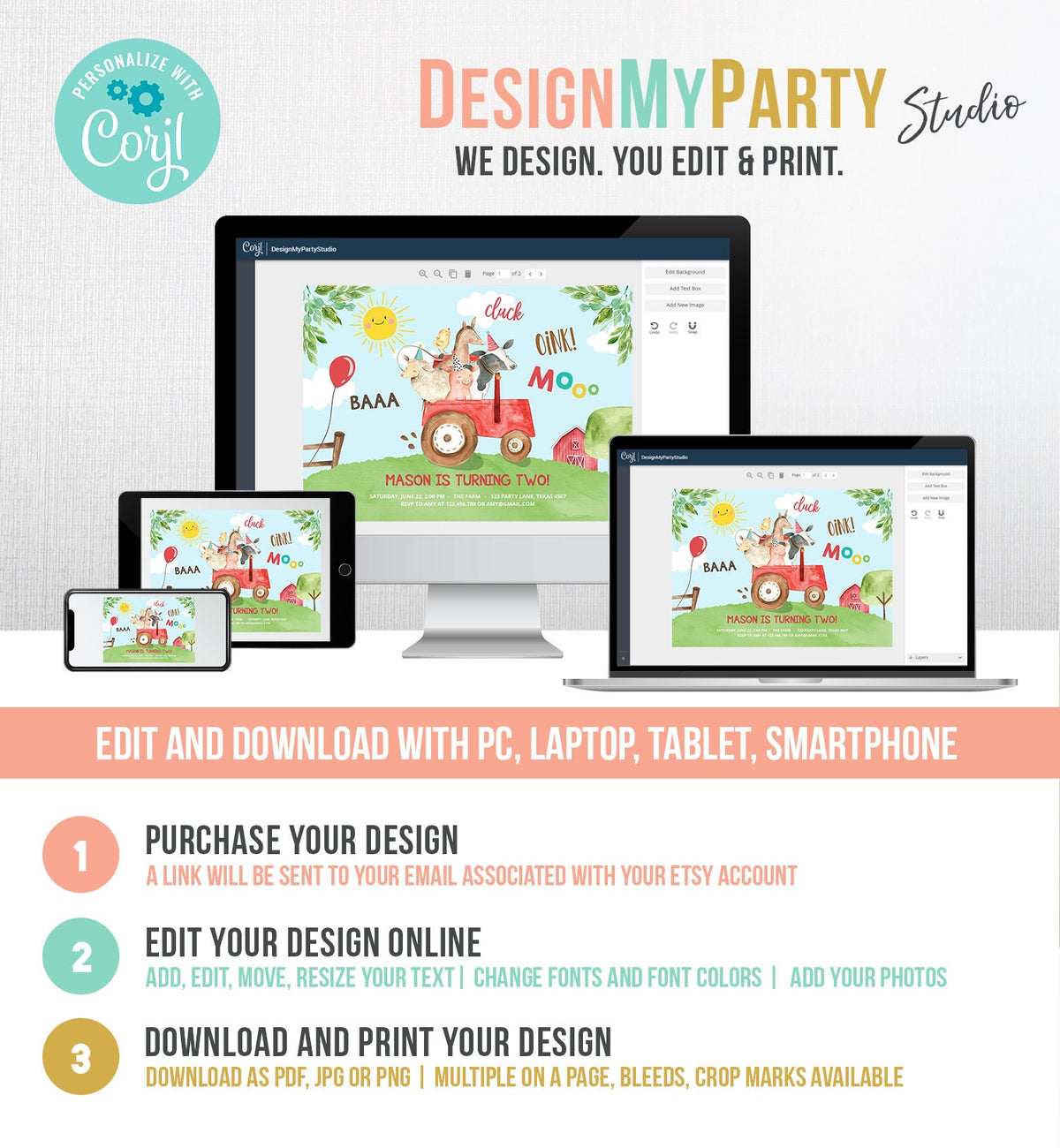 Editable Farm Animals Birthday Invitation Boy Parry Animals Red Tractor Barn Barnyard Cow Pig Template Digital Download Printable 0155