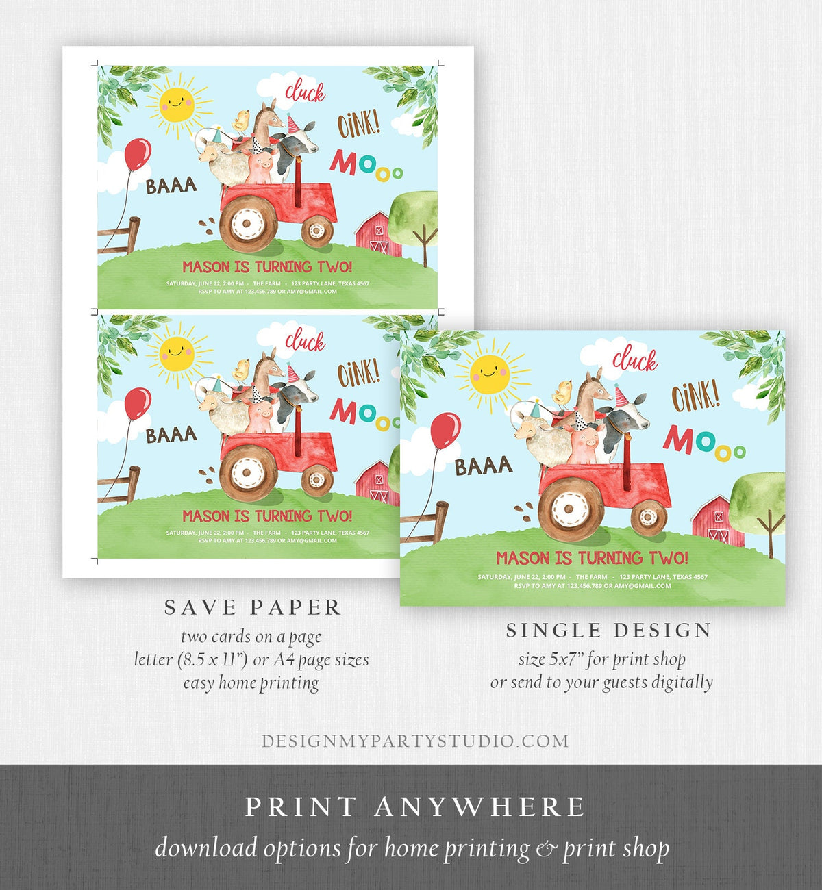 Editable Farm Animals Birthday Invitation Boy Parry Animals Red Tractor Barn Barnyard Cow Pig Template Digital Download Printable 0155