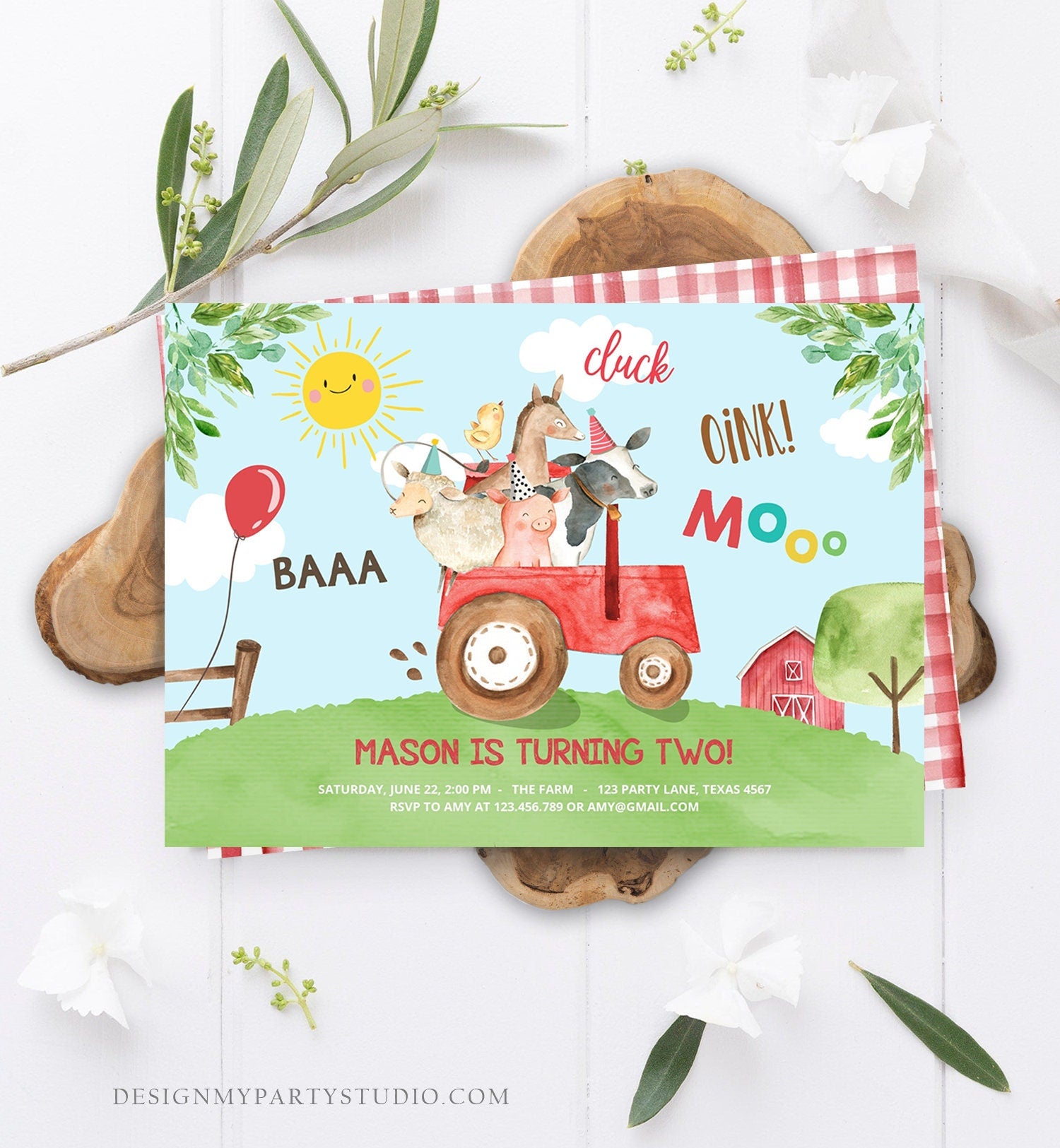 Editable Farm Animals Birthday Invitation Boy Parry Animals Red Tractor Barn Barnyard Cow Pig Template Digital Download Printable 0155