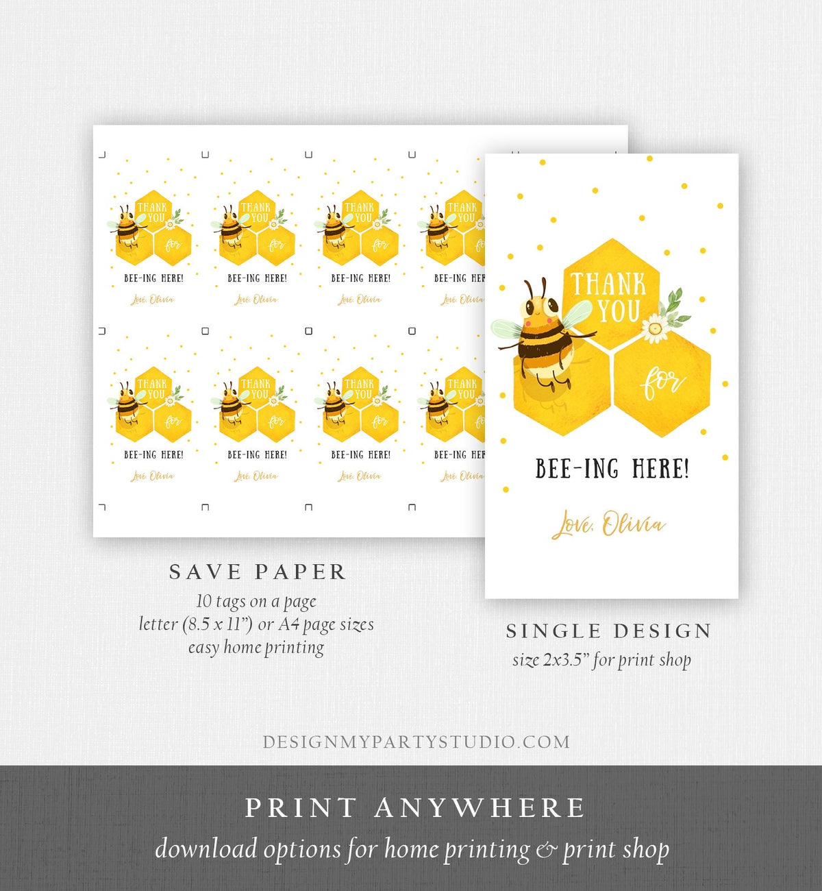 Editable Bee Favor Tags Bee Birthday Bee Baby Shower Thank you tags Thanks for Beeing Here Gender Neutral Template PRINTABLE Corjl 0317