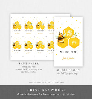 Editable Bee Favor Tags Bee Birthday Bee Baby Shower Thank you tags Thanks for Beeing Here Gender Neutral Template PRINTABLE Corjl 0317