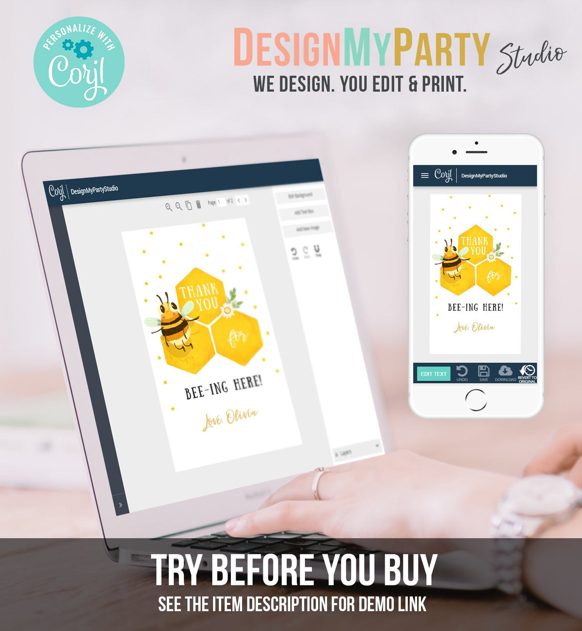 Editable Bee Favor Tags Bee Birthday Bee Baby Shower Thank you tags Thanks for Beeing Here Gender Neutral Template PRINTABLE Corjl 0317