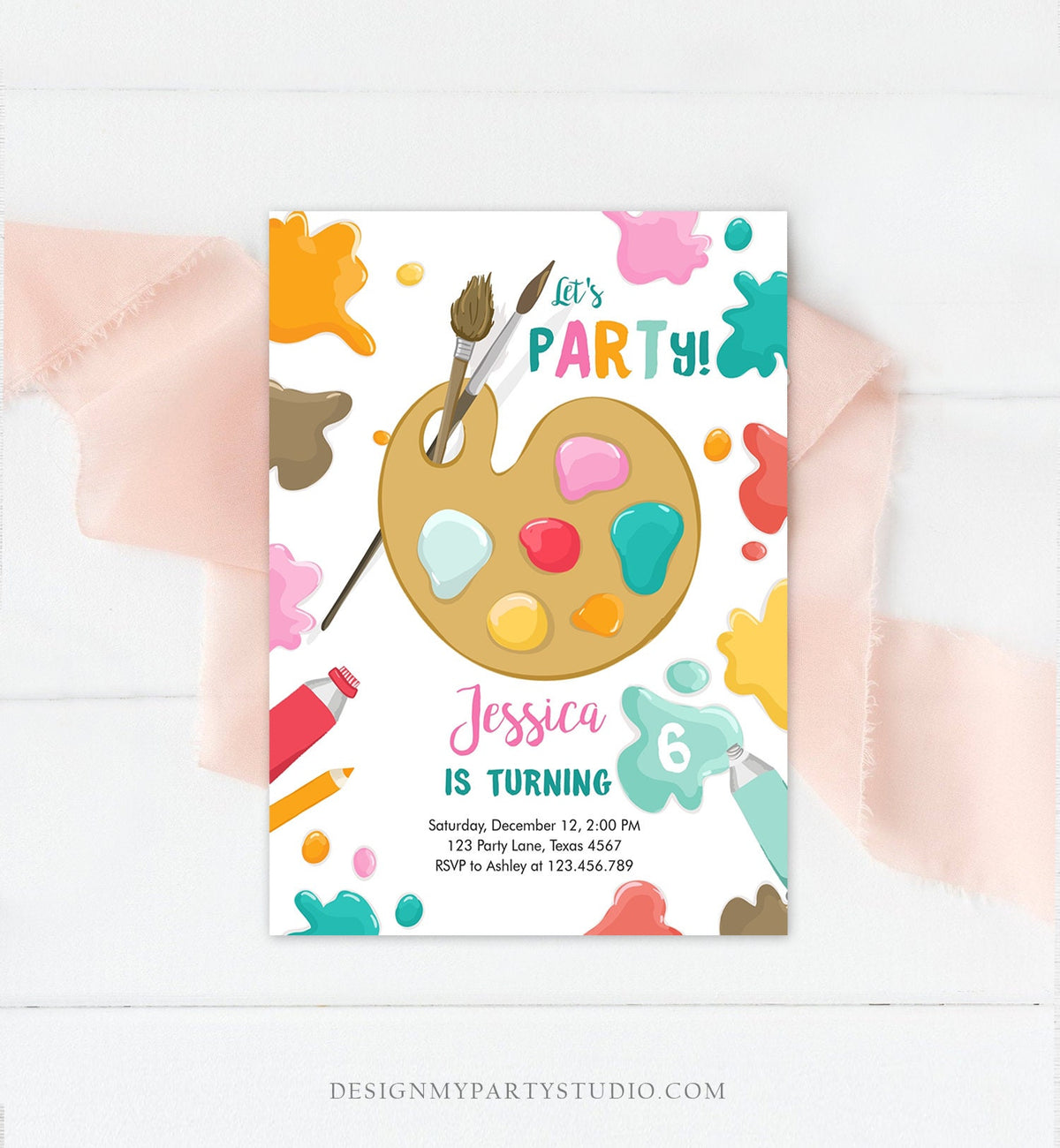 Editable Painting Party Invitation Art Party Birthday Invite Girl Pink Paint Craft Party Digital Download Evite Template Printable 0319