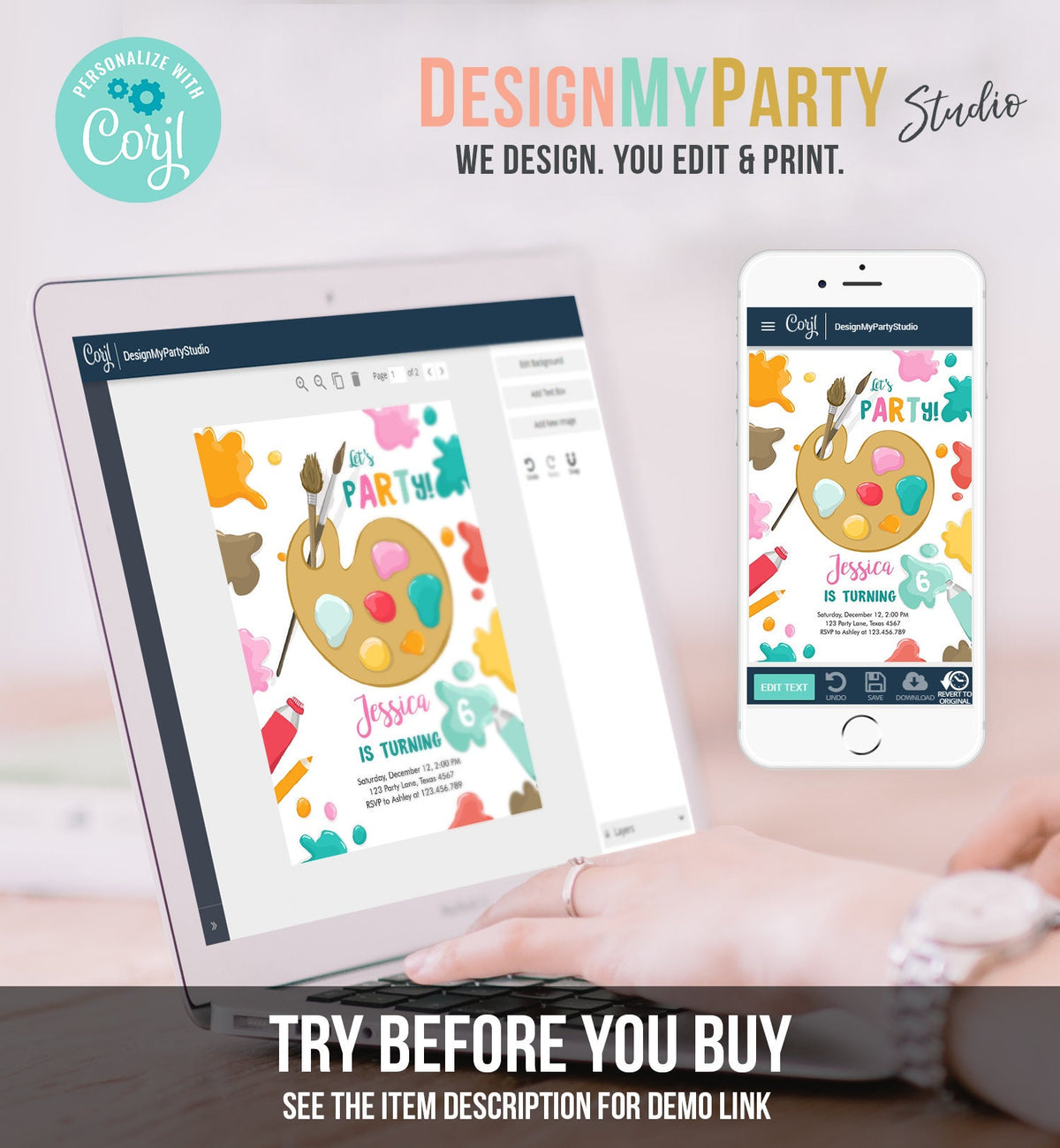 Editable Painting Party Invitation Art Party Birthday Invite Girl Pink Paint Craft Party Digital Download Evite Template Printable 0319
