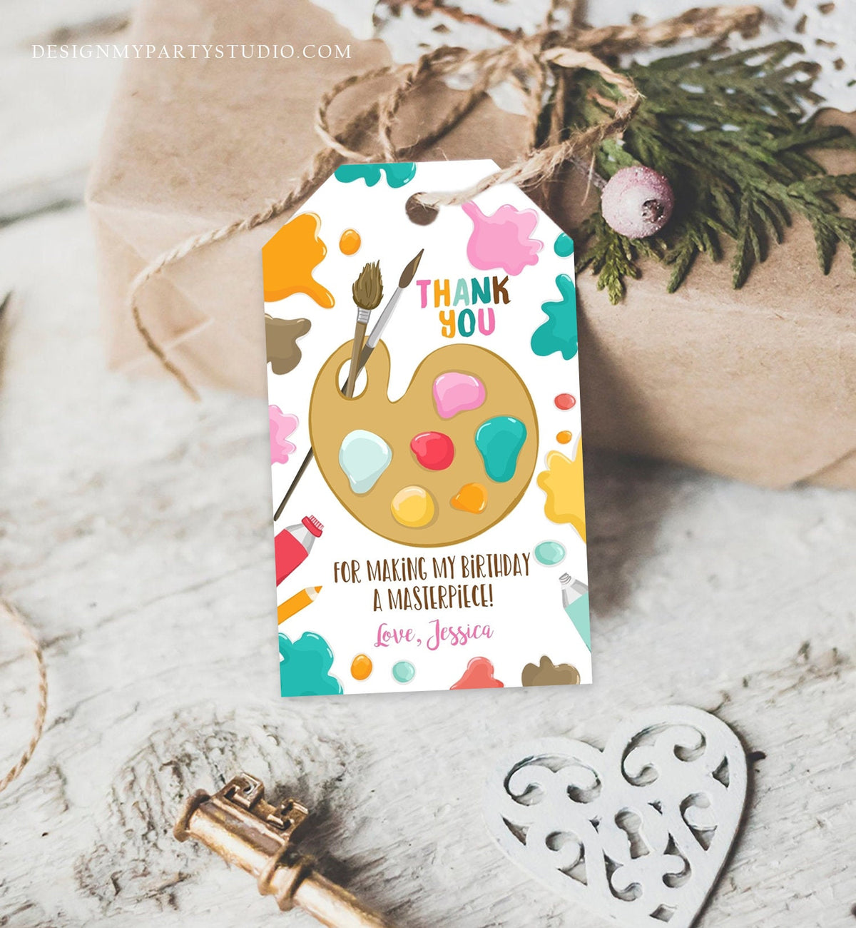 Editable Art Party Favor Tags Painting Party Thank You Tag Gift Tag Art Birthday Girl Pink Craft Paint Brush Digital Template Printable 0319