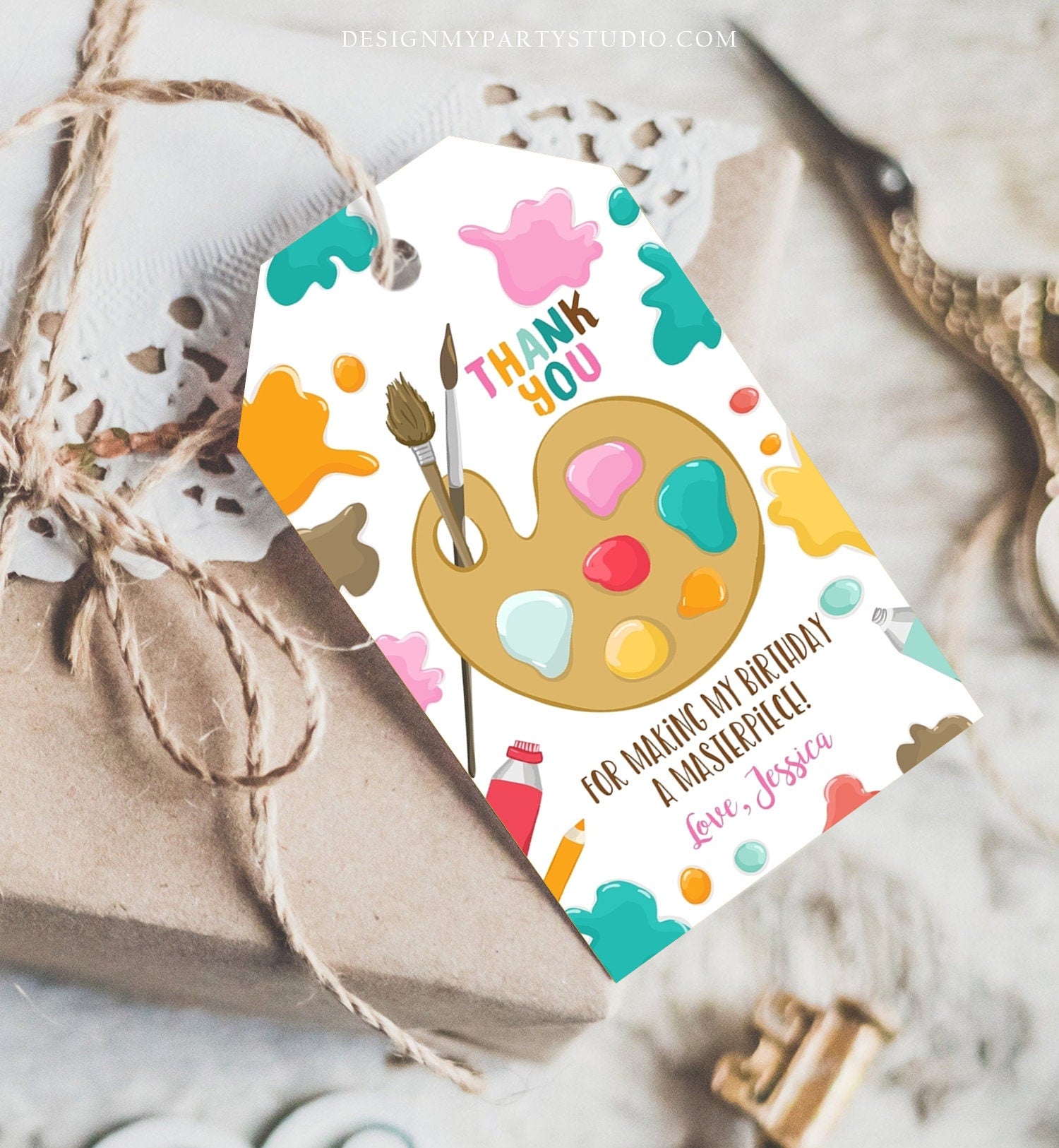 Editable Art Party Favor Tags Painting Party Thank You Tag Gift Tag Art Birthday Girl Pink Craft Paint Brush Digital Template Printable 0319