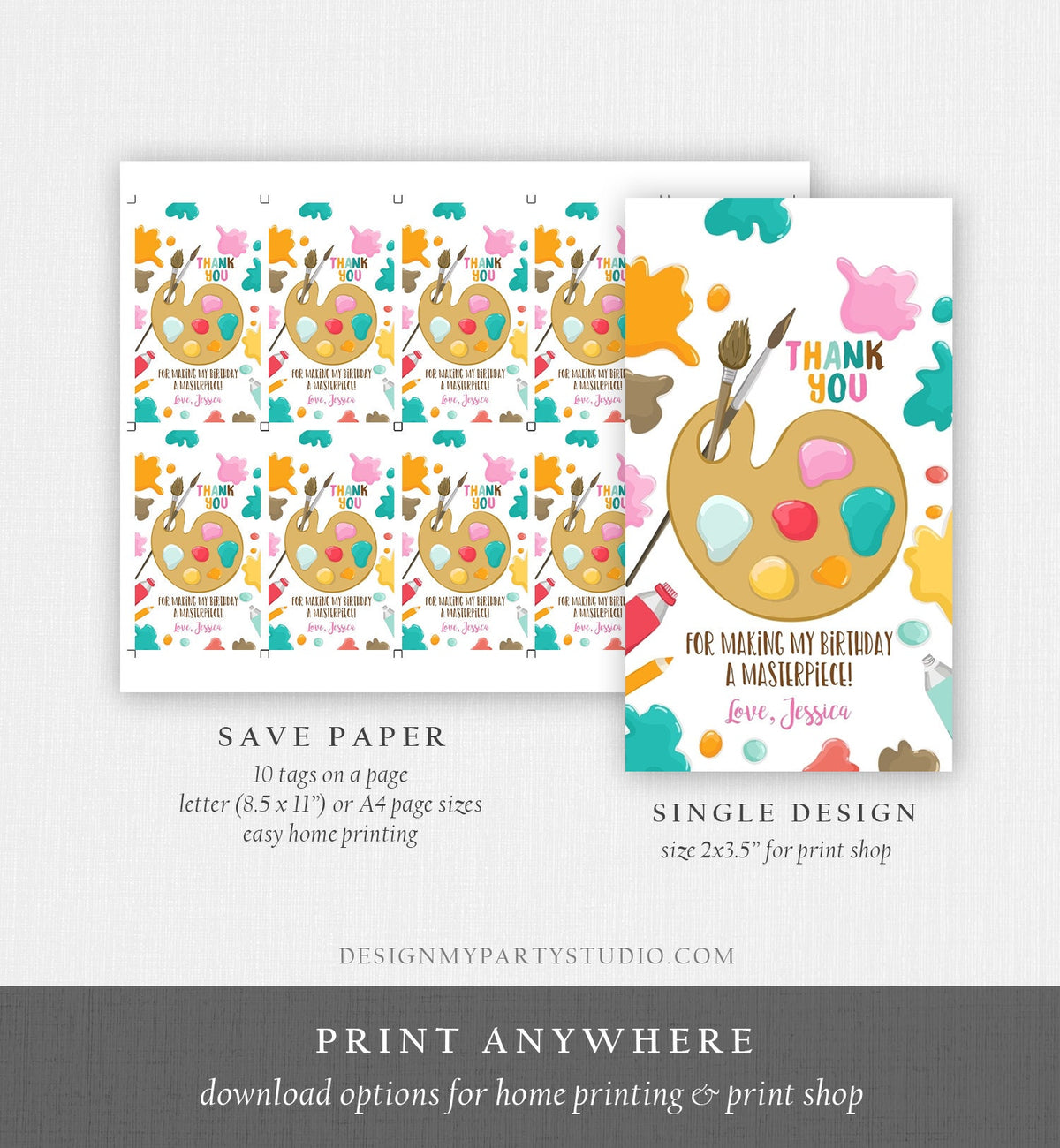 Editable Art Party Favor Tags Painting Party Thank You Tag Gift Tag Art Birthday Girl Pink Craft Paint Brush Digital Template Printable 0319