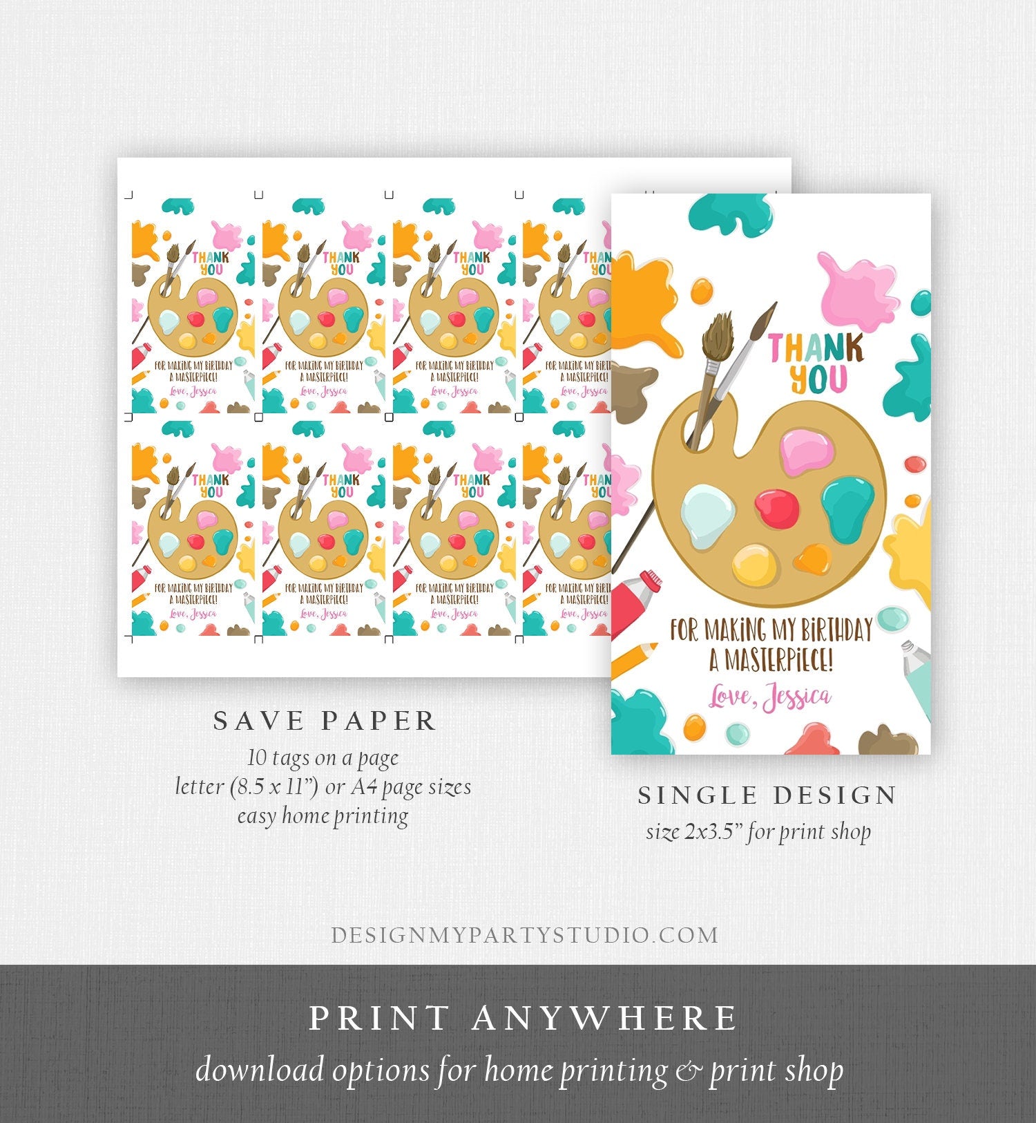 Editable Art Party Favor Tags Painting Party Thank You Tag Gift Tag Art Birthday Girl Pink Craft Paint Brush Digital Template Printable 0319