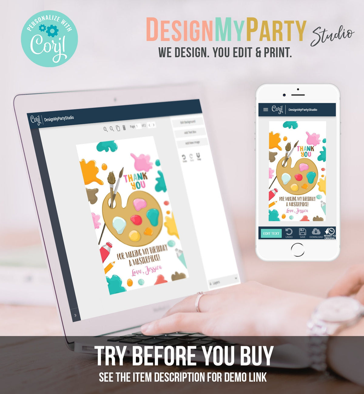 Editable Art Party Favor Tags Painting Party Thank You Tag Gift Tag Art Birthday Girl Pink Craft Paint Brush Digital Template Printable 0319