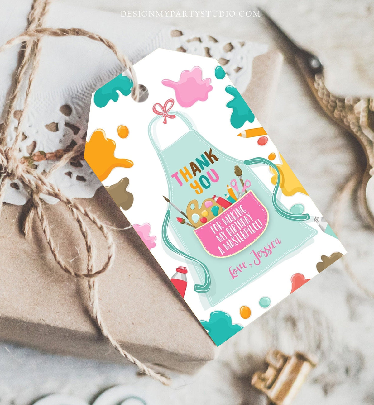 Editable Art Party Favor Tags Painting Party Thank You Tag Gift Tag Art Birthday Girl Pink Craft Paint Brush Digital Template Printable 0319
