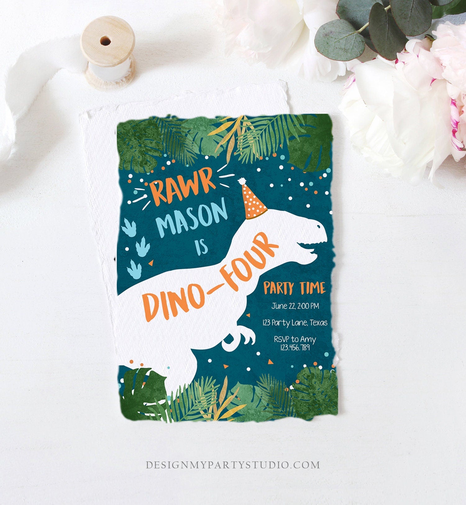 Editable Dino-Four Dinosaur Birthday Invitation Dino T-Rex Boy Fourth Birthday 4th RAWR ROAR Blue Orange Prehistoric Digital Template 0378