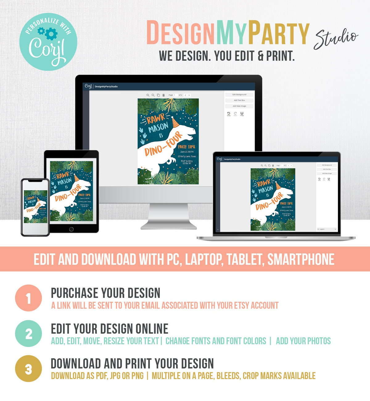 Editable Dino-Four Dinosaur Birthday Invitation Dino T-Rex Boy Fourth Birthday 4th RAWR ROAR Blue Orange Prehistoric Digital Template 0378