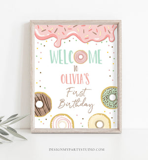 Editable Donut Welcome Sign Donut Birthday Party Pink Girl Two Sweet Decor Pastel Shower Table Sign Download Corjl Template Printable 0320
