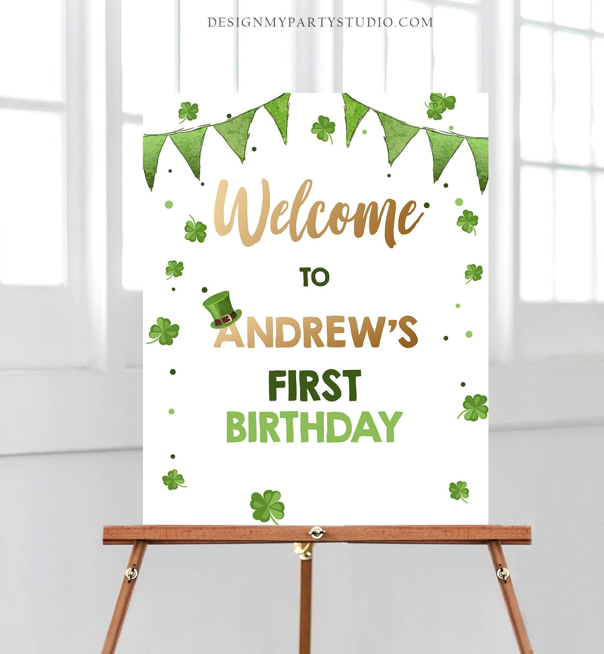 Editable St. Patrick&#39;s Day Welcome Sign Boy Green Gold Lucky 1st Birthday Shamrock St Patricks Day Digital Download Template Printable 0115