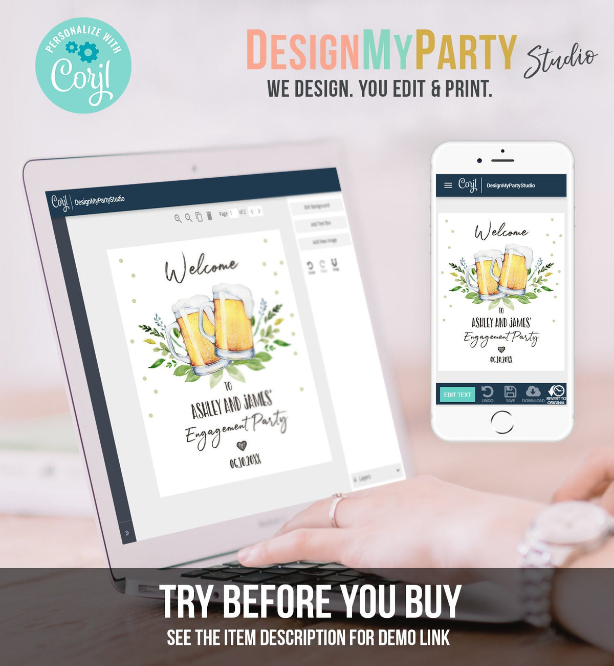 Editable Love is Brewing Welcome Sign Brewing Couples Shower Beers Cheers Wedding Brews Before I Do Greenery Digital Template Printable 0190