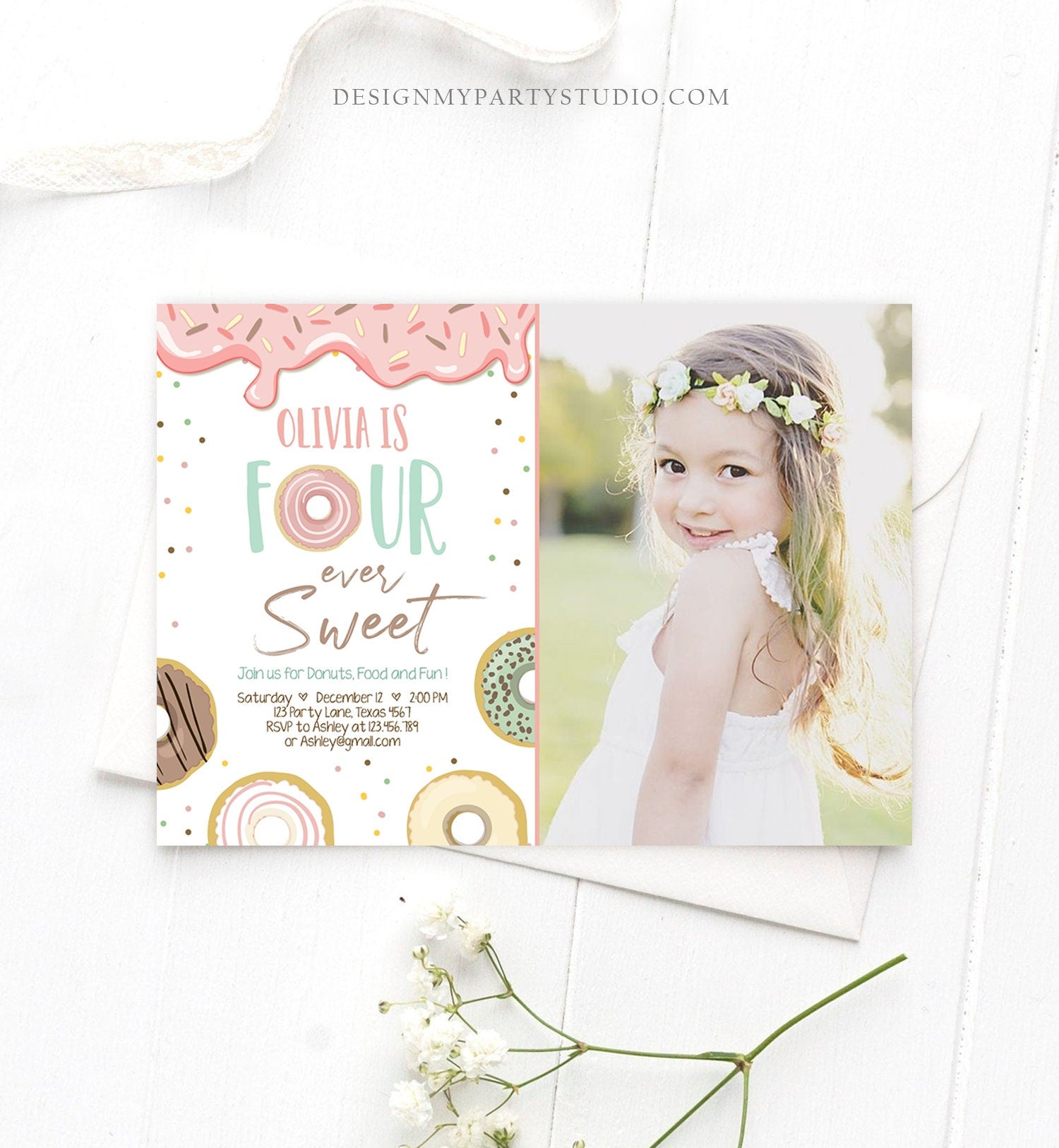 Editable Donut Four Ever Sweet Birthday Invitation 4th Birthday Party Pink Girl Doughnut Four Digital Download Evite Template Printable 0320