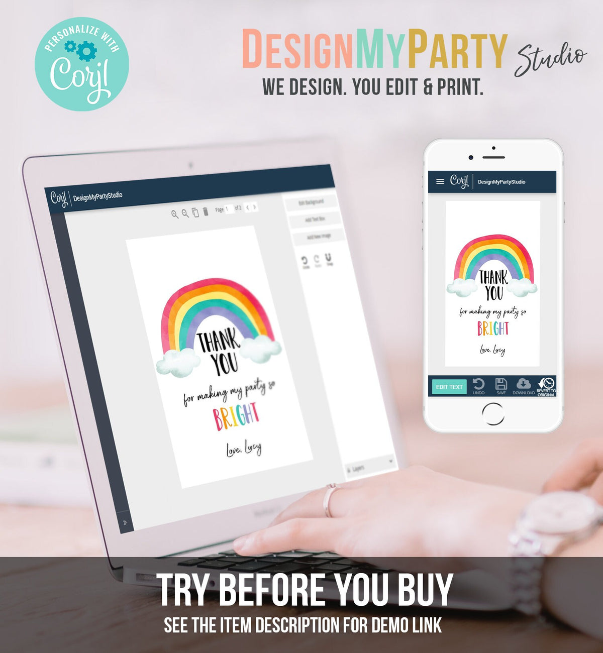 Editable Rainbow Favor Tags Rainbow Birthday Thank you tags Colorful Birthday Tags Girl Boy Neutral Colors Template PRINTABLE Corjl 0272