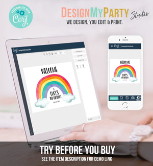 Editable Rainbow Welcome Sign Rainbow Birthday Sign Colorful Welcome Girl Birthday Clouds Colors Boy Neutral Template PRINTABLE Corjl 0272