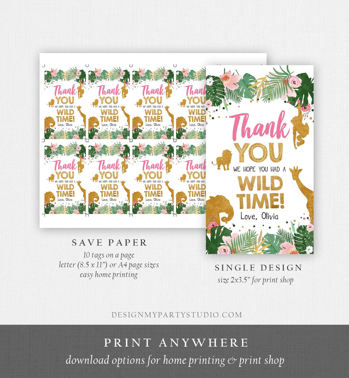 Editable Safari Animals Favor Tag Wild One Thank You Wild Time Label Jungle Girl Gold Pink Gift Digital Download Template Printable 0016