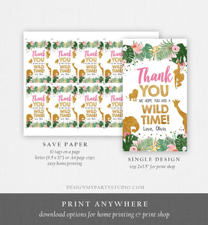 Editable Safari Animals Favor Tags Wild One Thank You Tags Wild Time Label Tags Jungle Girl Gold Pink Gift Tags Zoo Corjl Template 0016