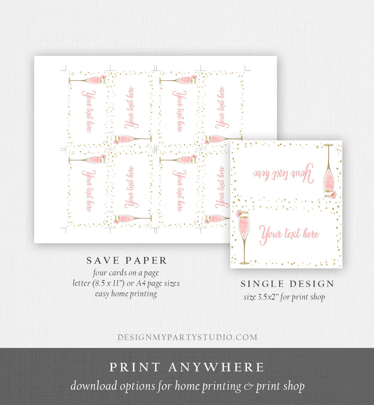 Editable Bubbly Food Labels Brunch and Bubbly Bridal Shower Place Tent Buffet Card Pink Gold Birthday Decor Digital Template Printable 0150