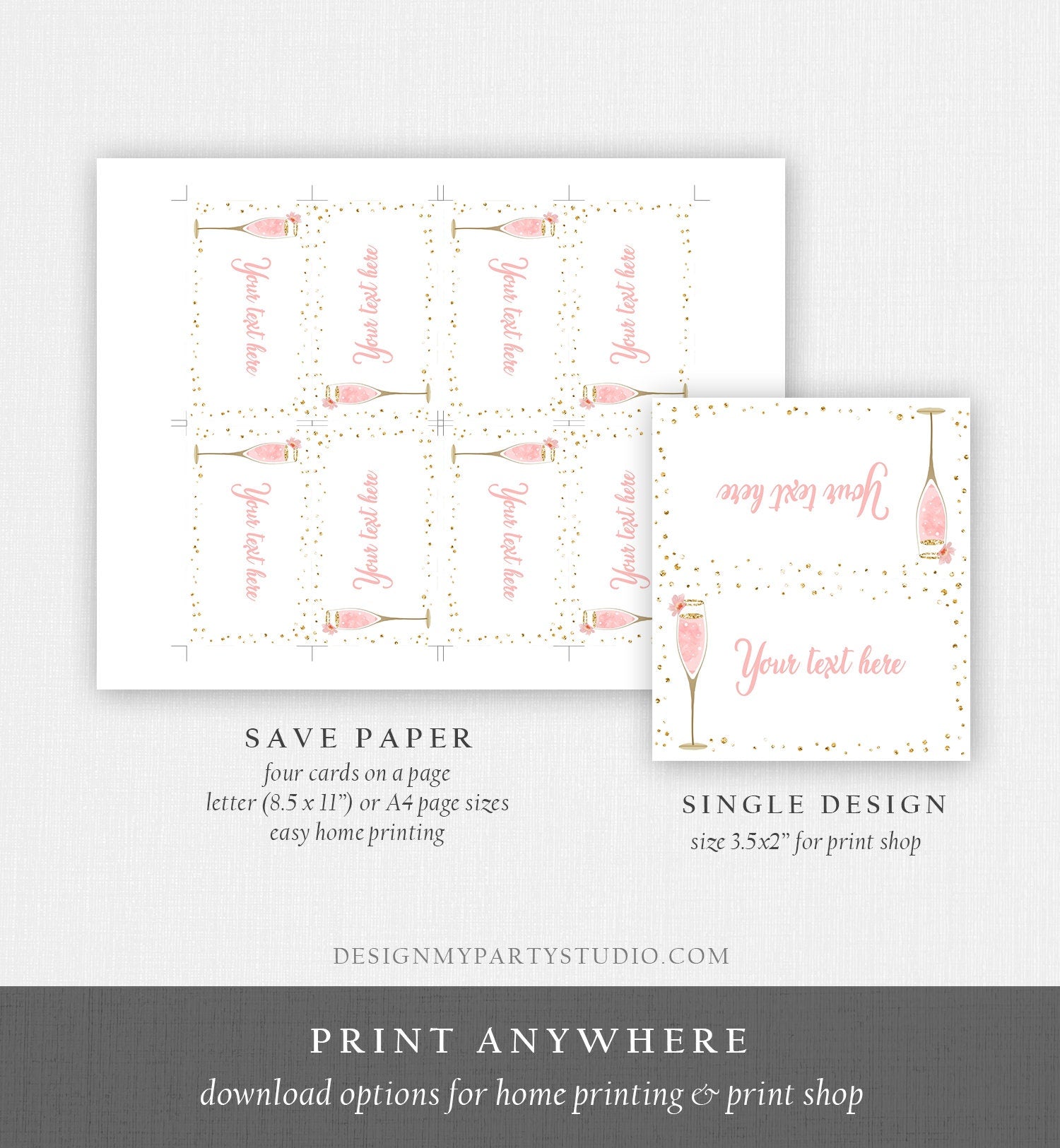 Editable Bubbly Food Labels Brunch and Bubbly Bridal Shower Place Tent Buffet Card Pink Gold Birthday Decor Digital Template Printable 0150