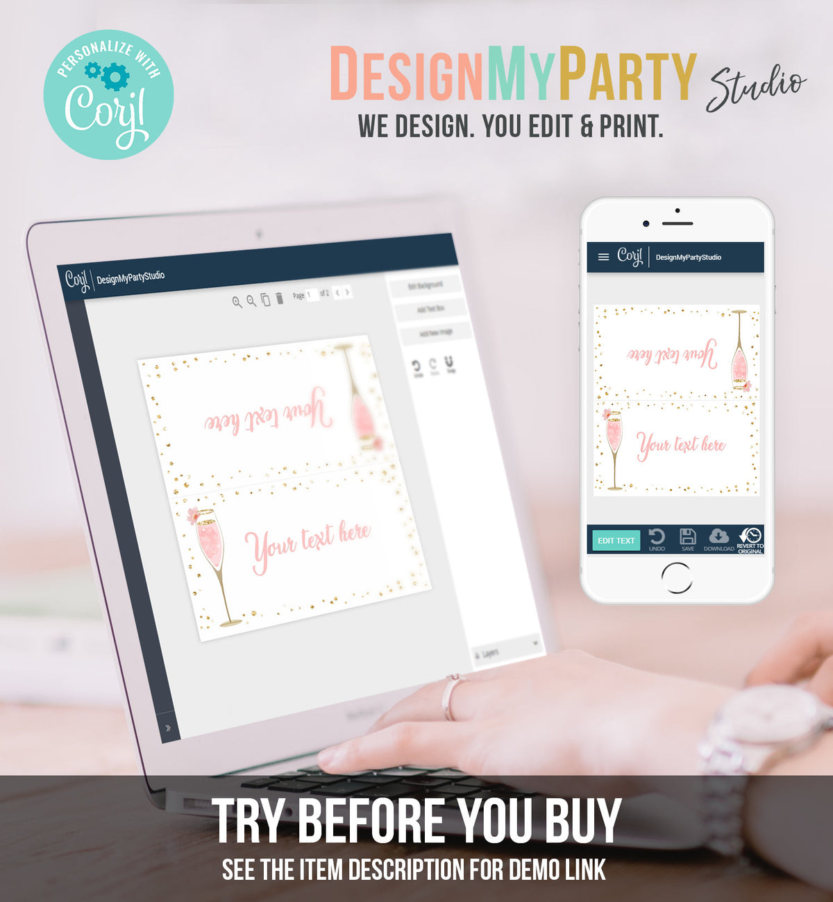 Editable Bubbly Food Labels Brunch and Bubbly Bridal Shower Place Tent Buffet Card Pink Gold Birthday Decor Digital Template Printable 0150