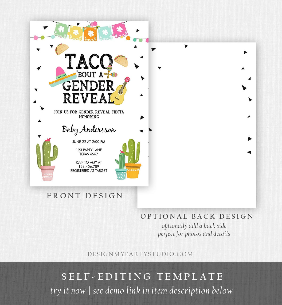 Editable Taco Bout a Gender Reveal Invitation Cactus Mexican Fiesta He or She Boy or Girl Party Digital Download Template Printable 0161