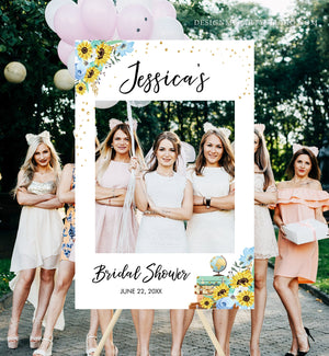 Editable Sunflowers Photo Booth Frame Bridal Shower Photo Prop Blue Floral Sunflowers Sign Travel Adventure Corjl Template Printable 0030