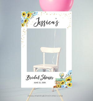 Editable Sunflowers Photo Booth Frame Bridal Shower Photo Prop Blue Floral Sunflowers Sign Travel Adventure Corjl Template Printable 0030