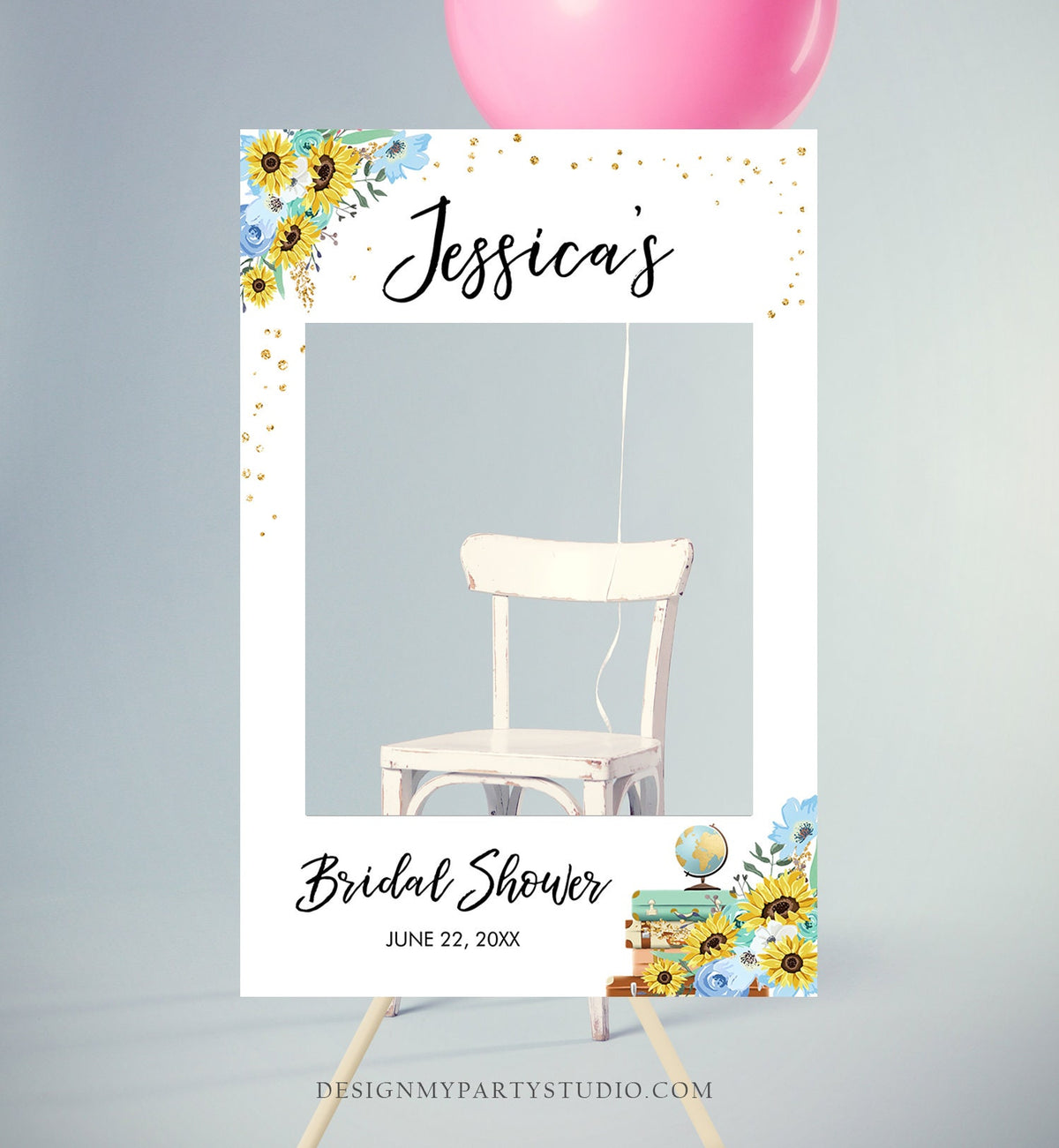 Editable Sunflowers Photo Booth Frame Bridal Shower Photo Prop Blue Floral Sunflowers Sign Travel Adventure Corjl Template Printable 0030