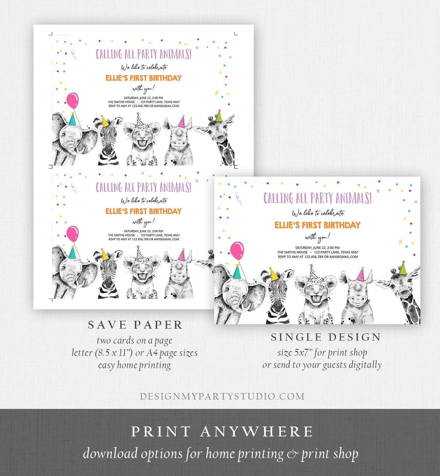 Editable Party Animals Birthday Invitation Wild One Animals Invitation Zoo Safari Animals Girl Download Printable Invite Template Corjl 0390
