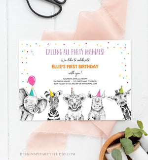 Editable Party Animals Birthday Invitation Wild One Animals Invitation Zoo Safari Animals Girl Download Printable Invite Template Corjl 0390