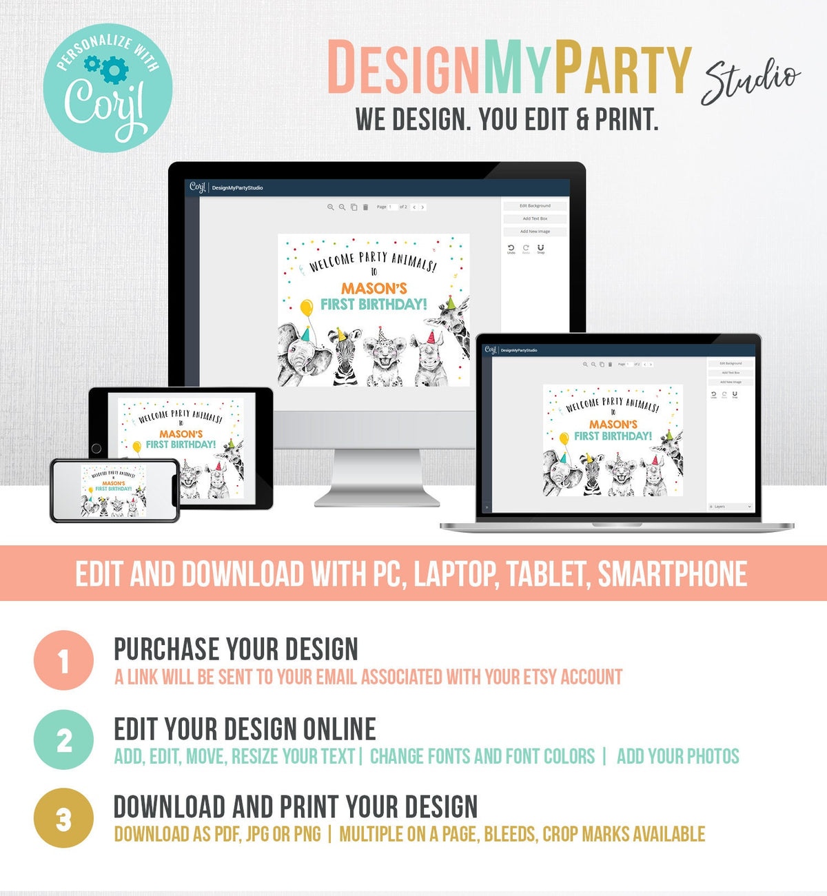 Editable Party Animals Welcome Sign Party Animal Sign Zoo Safari Welcome Jungle Sign Birthday Animals Boy Digital Template Printable 0390