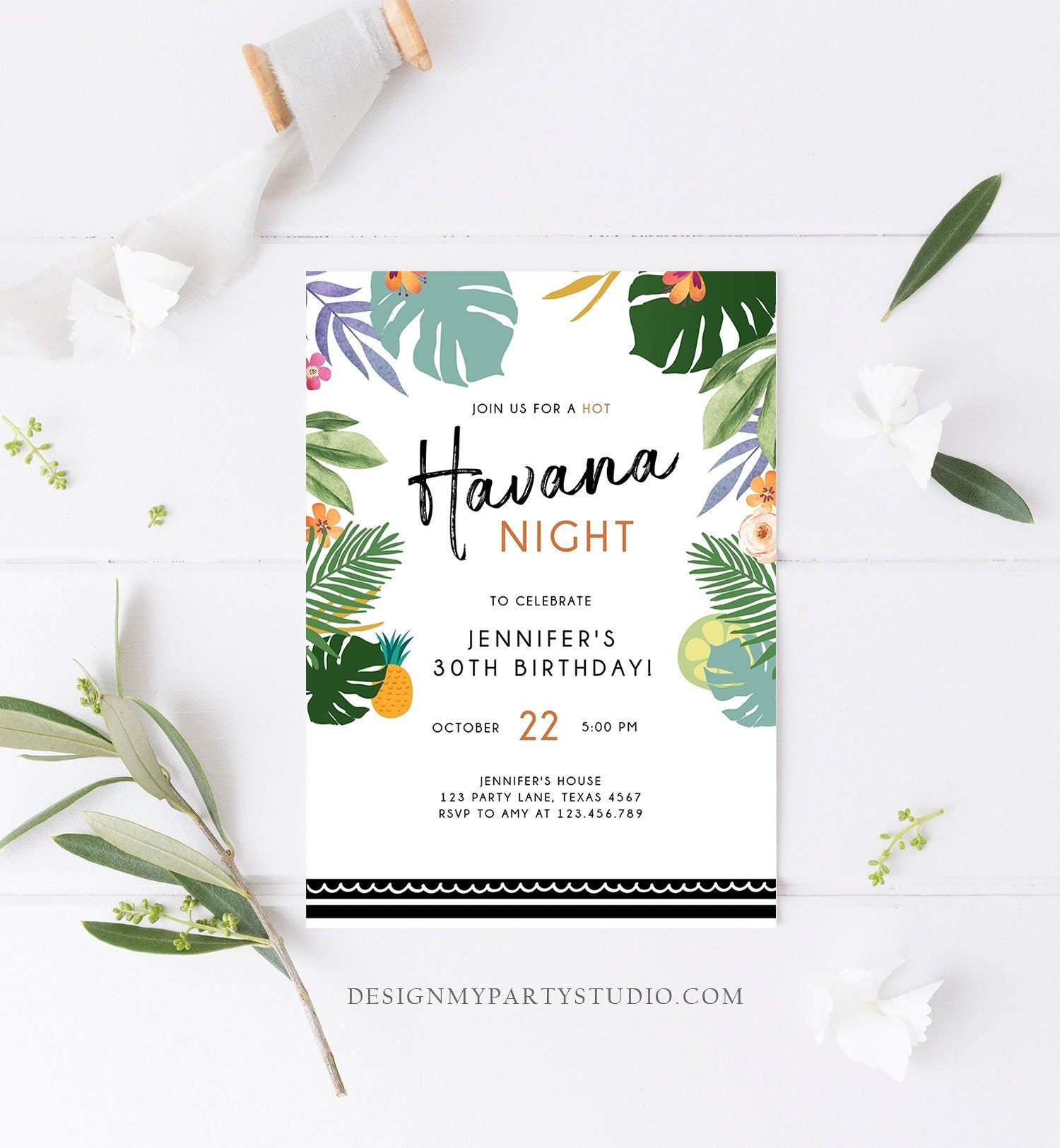 Editable Havana Nights Invitation Night in Havana Birthday Vintage Tropical Beach Digital Download Evite Template Printable 0287
