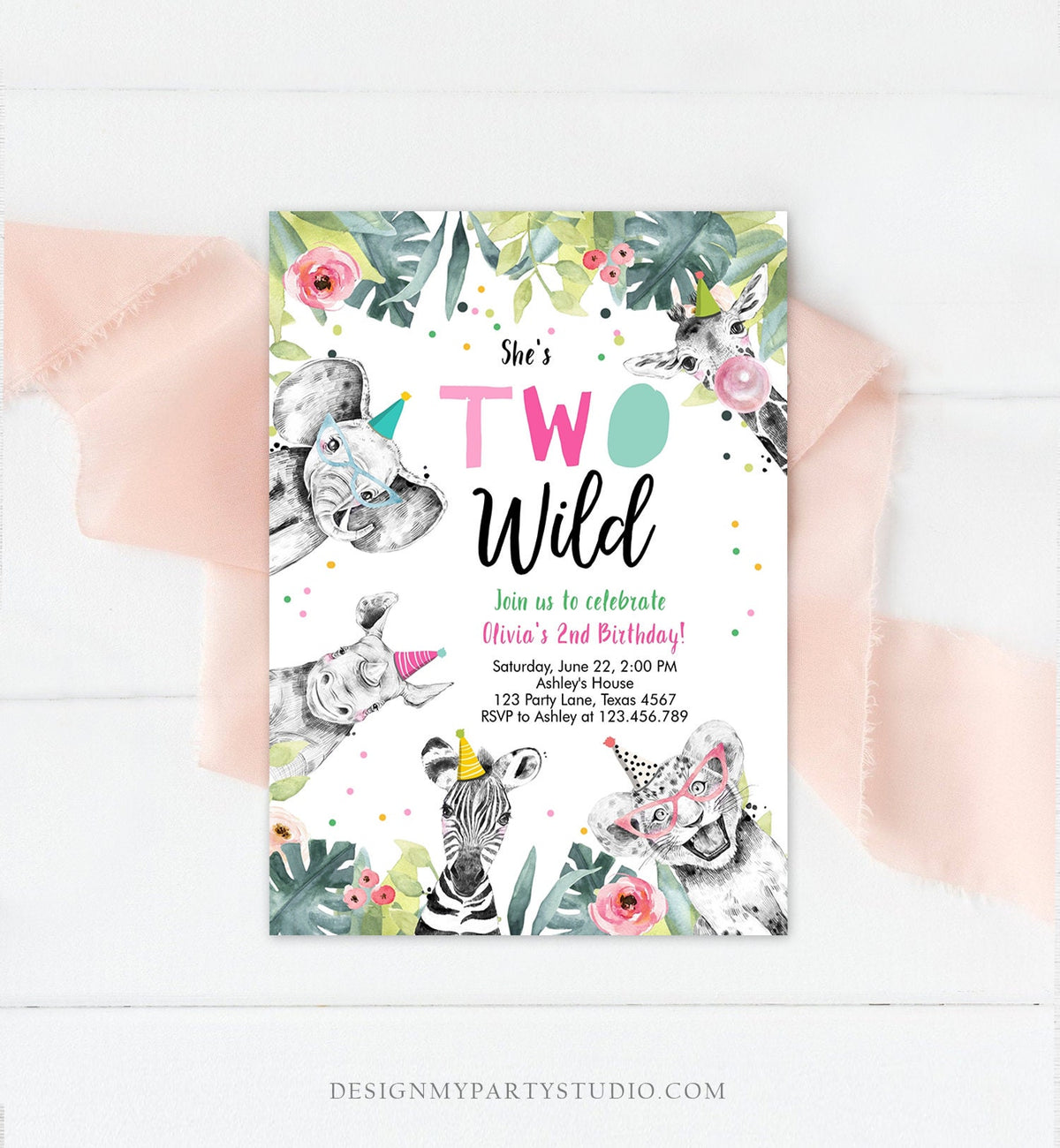 Editable Two Wild Birthday Invitation Girl Safari Animals Party Animals Second Birthday 2nd Digital Download Corjl Template Printable 0322