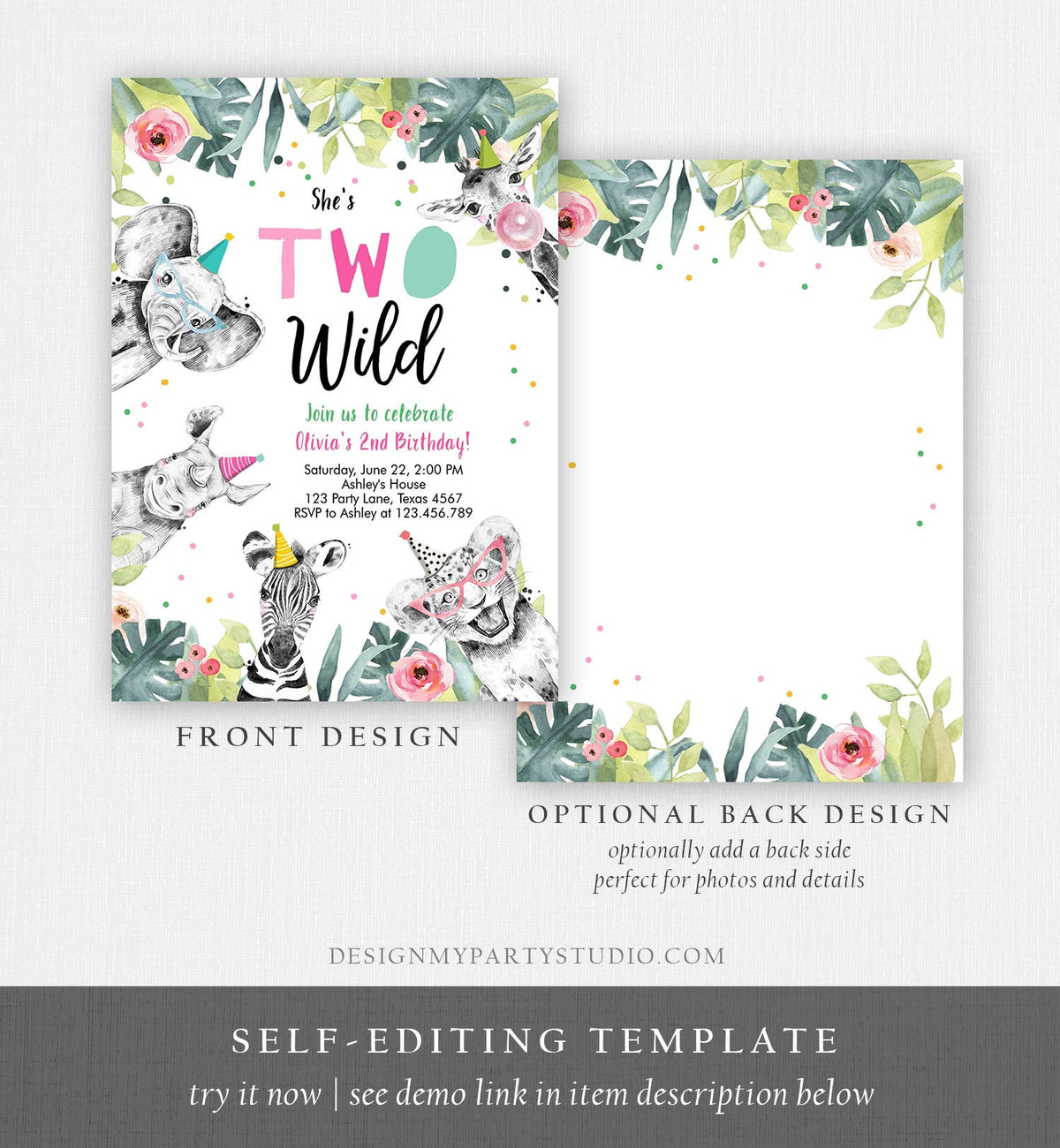 Editable Two Wild Birthday Invitation Girl Safari Animals Party Animals Second Birthday 2nd Digital Download Corjl Template Printable 0322