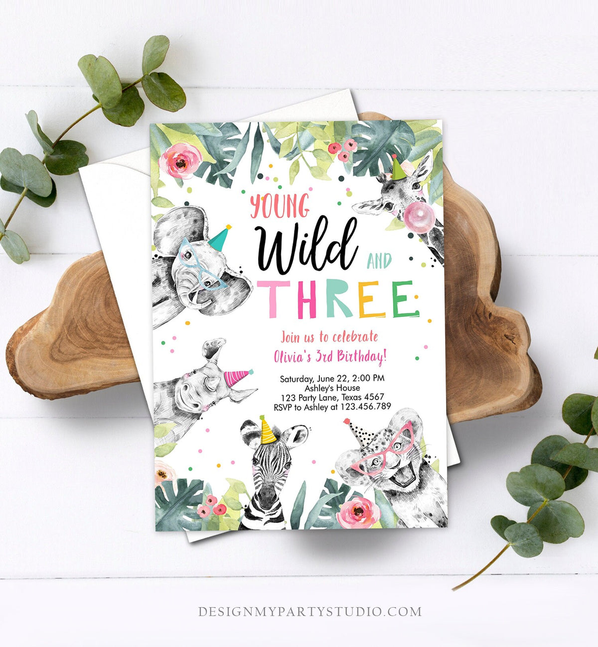 Editable Young Wild and Three Invitation Girl Pink and Gold Safari Animals Zoo Instant Download Printable Template Digital Corjl 0322